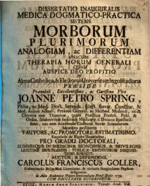 Dissertatio Inauguralis Medica Dogmatico-Practica Sistens Morborum Plurimorum Analogiam, Ac Differentiam Unacum Therapia Horum Generali