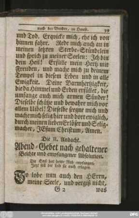 Die II. Andacht. Abend-Gebet nach gehaltener Beichte und empfangener Absolution.