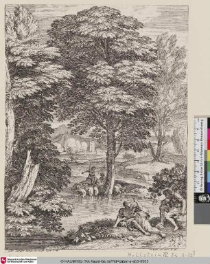 [Landschaft mit zwei am Fluss liegenden Männern im Hintergrund Hirten; Flock of Sheep beneath a Tree; Le tropeau au pied de l'arbre]