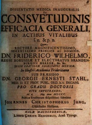Dissertatio Medica Inauguralis De Consvetudinis Efficacia Generali, In Actibus Vitalibus s.n. & p.n.
