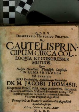 Diss. de cautelis principum circa colloquia et congressus mutuos