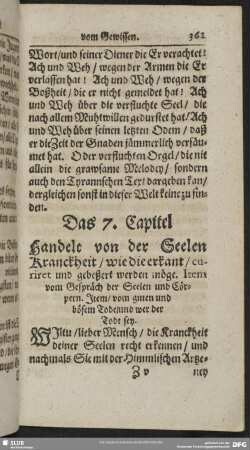 Das 7. Capitel Handelt von der Seelen Kranckheit, wie die erkant, curiret und gebeßert werden möge. Item vom Gespräch der Seelen und Cörpern. Item, vom guten und bösen Tode, und wer der Todt sey
