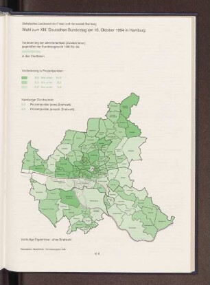 Veränderung der Stimmenanteile (Zweitstimmen) gegenüber der Bundestagswahl 1990 für die GRÜNEN/GAL in den Stadtteilen