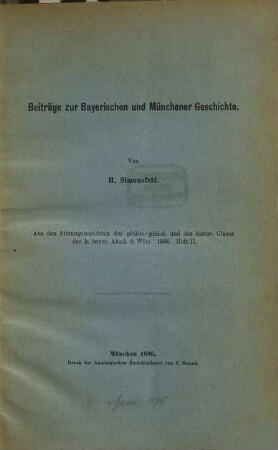 Beiträge zur Bayerischen und Münchener Geschichte