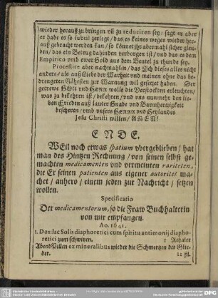 Specificatio Der medicamentorum, so die Fraw Buchhalterin von mir empfangen