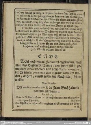 Specificatio Der medicamentorum, so die Fraw Buchhalterin von mir empfangen