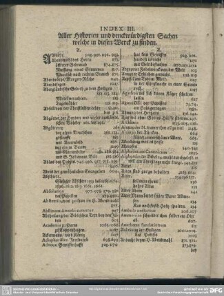Index III. Aller Historien und denckwürdigsten Sachen welche in diesen Werck zu finden