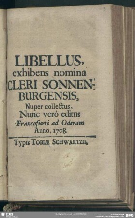 Libellus, exhibens nomina Cleri Sonnenburgensis : Nuper collectus