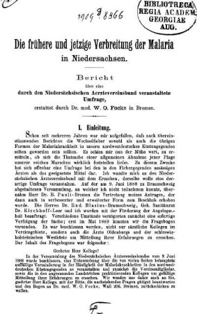 Die frühere und jetzige Verbreitung der Malaria in Niedersachsen