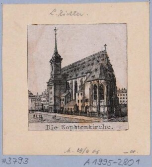 Die gotische Sophienkirche in Dresden nach Nordwesten, Ausschnitt aus einem Erinnerungsblatt an Dresden mit 2 großen und 16 kleinen Stadtansichten