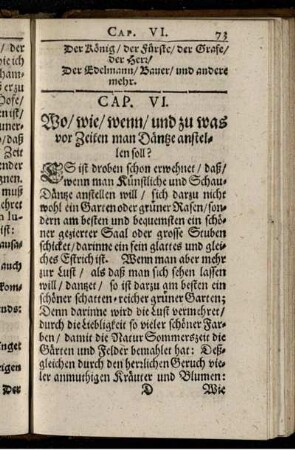 Cap. VI. Wo/ wie/ wenn/ und zu was vor Zeiten man Däntze anstellen soll?