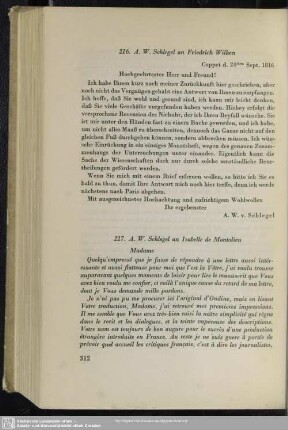 August Wilhelm von Schlegel an Friedrich Wilken, Coppet, 24.09.1816