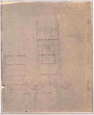 Paulus-Kirche und Pfarrhaus, Friedenshütte: Detail (Schnitt) des Turmes 1:50