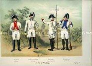 Uniformdarstellung, Auditeur, Infanterie-Regiment No. 11, Stabsfeldscherer, Infanterie-Regiment No. 3, Sergeant, Infanterie-Regiment No. 2, Musketier, Infanterie-Regiment No. 13, 1802. Im Buch: Hauthal: Geschichte der Sächsischen Armee in Wort und Bild.