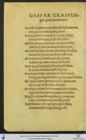 Gaspar Grasperger piae iuventuti.