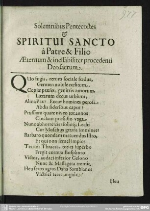 Solemnibus Pentecostes Spiritui Sancto à Patre & Filio aeternum & ineffabiliter procedenti Deo sacrum / Simon Dach