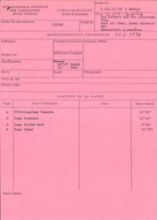 39. SFB-Sendung Ein Konzert auf der indischen Vina, Asad Ali Khan, Swami Parvatikar, (Manuskript: Alain Daniélou)