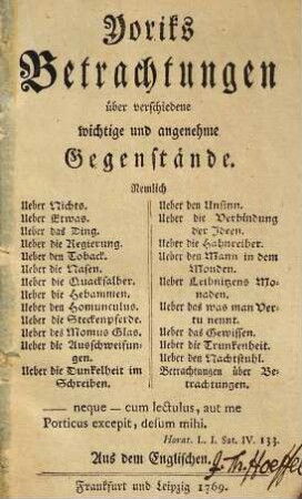 Yoriks Betrachtungen über verschiedene wichtige und angenehme Gegenstände : Aus dem Englischen