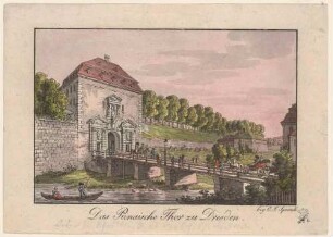Das Pirnaische Tor (Pirnaischer Platz, Landhausstraße) in Dresden vor der Demolierung 1820 mit Stadtgraben, Blick nach Nordwesten
