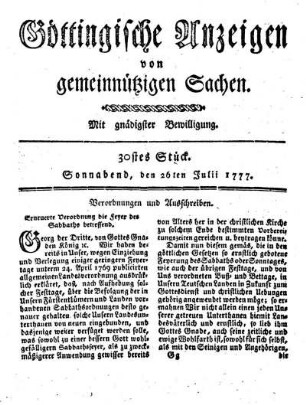 30stes Stück. Sonnabend, den 27ten Julii 1777.
