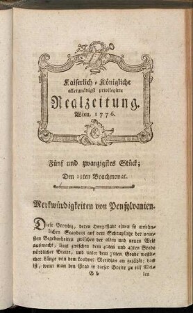 Fünf und zwanzigstes Stück; Den 18ten Brachmonat. Wien, 1776.