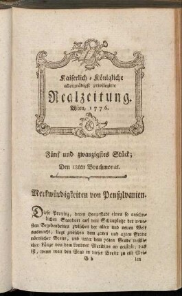 Fünf und zwanzigstes Stück; Den 18ten Brachmonat. Wien, 1776.