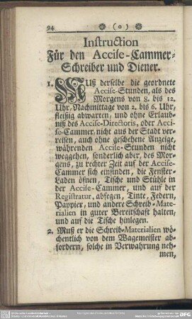 Instruction Für den Accise-Cammer-Schreiber und Diener