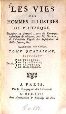 Les Vies des Hommes Illustres de Plutarque, 4. Timoléon, Paul Emile, Pelopidas, Marcellus
