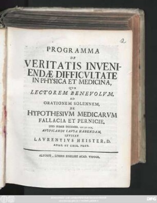 Programma De Veritatis Inveniendæ Difficvltate In Physica Et Medicina