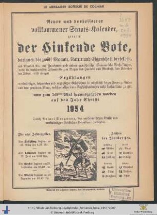Neuer und verbesserter vollkommener Staats-Kalender, genannt der Hinkende Bote, ... auf das Jahr 1954.