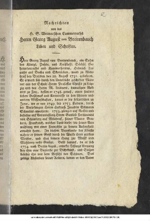 Nachrichten von des H. S. Weimarischen Cammerraths Herrn Georg August von Breitenbauch Leben und Schriften