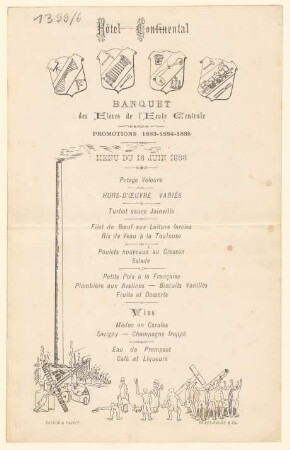 [Menükarte] : Banquet des Eléves de l'Ecole Centrale, Hotel Continental