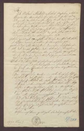 Verkaufsbrief der Magdalena Meyer, Michel Wäldeler Witwe zu Steinbach, gegen die Herrschaft über 2 Steckhaufen Reben im Altenberg samt Vorgelände bis an das Flüßlein an der Schnürlingsgasse um 155 fl.