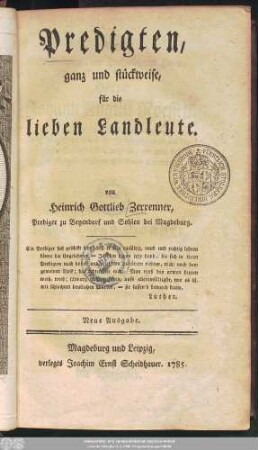 Predigten, ganz und stückweise, für die lieben Landleute