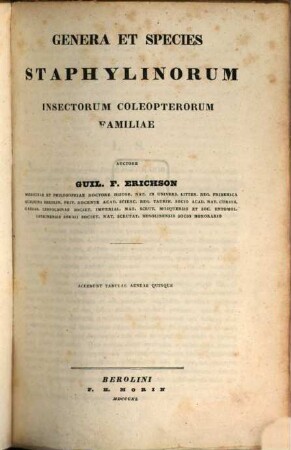 Genera et species Staphylinorum : insectorum coleopterorum familiae ; accedunt tabulae Aeneae quinque