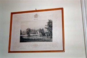 Schloss Ahrensburg: Innenansicht: Radierung mit Rahmung, Motiv [Herrenhaus] Jersbeck: August 1994