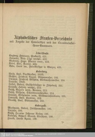 Häuserbuch : Alphabetisches Straßen-Verzeichnis