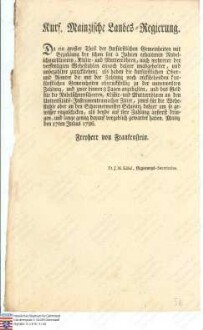 Verordnung: Die 1784/85 geprägten französischen Laubtaler sind zu dem bisherigen Kurs mit zwei Gulden 42 Kreuzer in Zahlung zu nehmen, dagegen sind die halben Laubtaler gänzlich verrufen (Plakat)