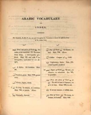 An arabic vocabulary and index for Richardson's arabic grammar : in which the words are explained according to the parts of speech, and the derivates are traced to their originals in the hebrew, chaldee, and syriac languages ; With tables of oriental alphabets, points and affixes