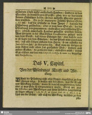 Das V. Capitel. Von der Pfändungs Krafft und Wirckung