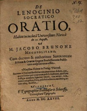 De Lenocinio Socratico : Oratio, Habita in inclutâ Universitate oricâ die 19. Augusti