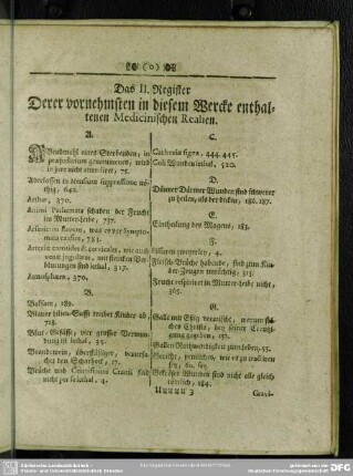 Das II. Register, Derer vornehmsten in diesem Wercke enthaltenen Medicinischen Realien