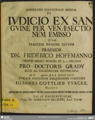 Dissertatio Inauguralis Medica De Iudicio Ex Sanguine Per Venaesectionem Emisso