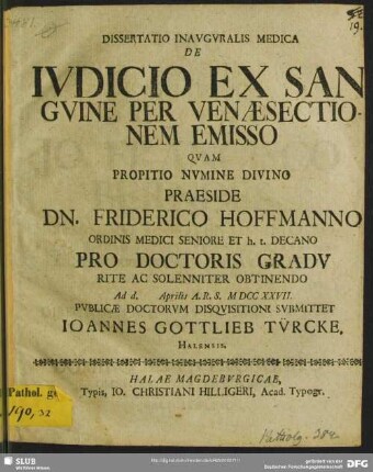 Dissertatio Inauguralis Medica De Iudicio Ex Sanguine Per Venaesectionem Emisso