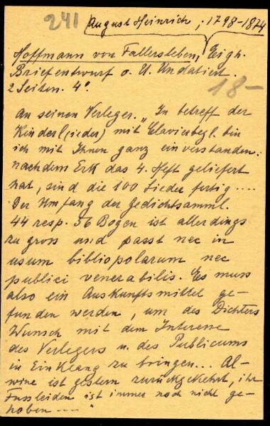 Brief an seinen Verleger, Entwurf.
