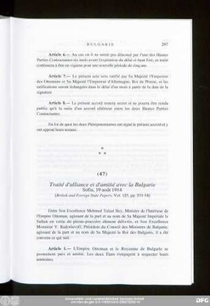 (47) Traité d'alliance et d'amitié avec la Bulgarie Sofia, 19 août 1914