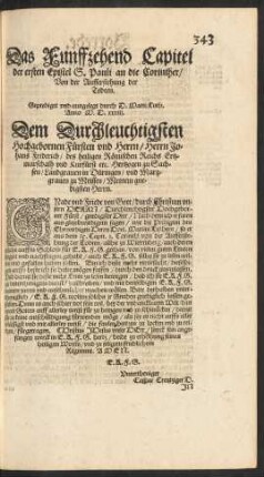 Das Funffzehend Capitel der ersten Epistel S. Pauli an die Corinther/ Von der Aufferstehung der Todten.