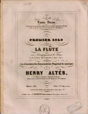 Premier solo pour la flûte avec accompagnement de piano ou de 2 violons, alto, violoncelle et contre-basse ; op. 20. 2. Solo pour la flûte avec accompagnement de deux violons, alto, violoncelle et C-basse ou piano ; op. 21