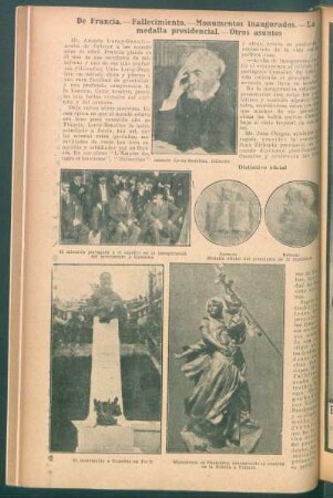 De Francia.- Fallecimiento.- Monumentos inaugurados.- La medalla presidencial.- Otros asuntos.