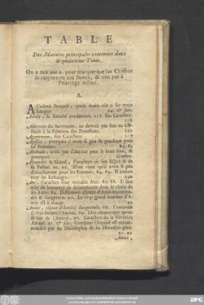 Table Des Matieres principales contenues dans le quatrieme Tome.